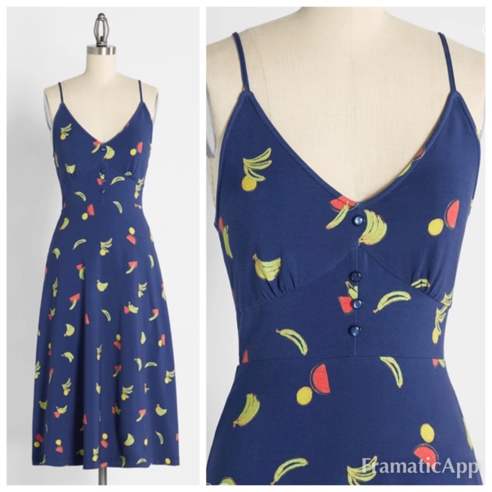 Blue Fruit-Print Spaghetti Strap Midi Dress